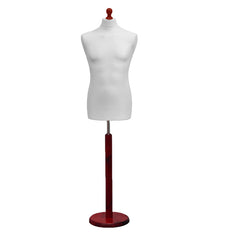 Display Guru Male Dressmakers Tailors Dummy Mannequin, White Torso Bust with Red Wood Round Base Stand