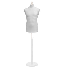 Display Guru Male Dressmakers Tailors Dummy Mannequin, White Torso Bust with White Wood Round Base Stand