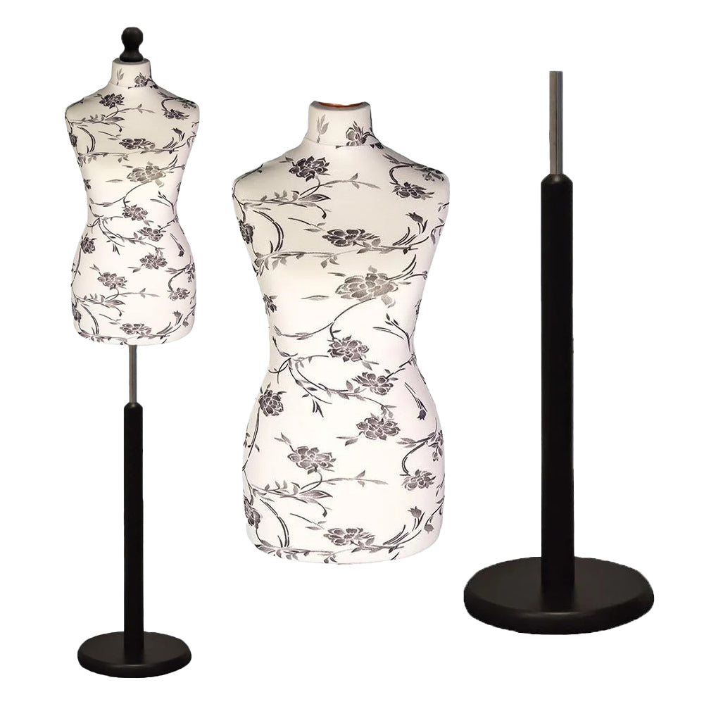Display Guru Female Uk Size 8/10 Dressmakers Tailors Dummy Mannequin , Black flower on Cream Torso Bust with Black Wood Round Base