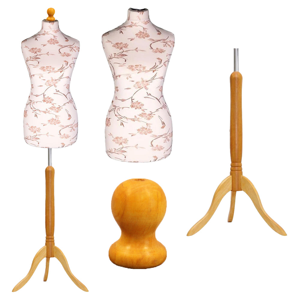 Display Guru Female Uk Size 10/12  Dressmakers Tailors Dummy Mannequin, Brown Flower on Cream Torso Bust With Light wood Tripod Stand