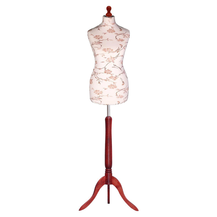 Display Guru Female Uk Size 12/14 Dressmakers Tailors Dummy Mannequin, Brown Flower on Cream Torso Bust With Red Wood Tripod Stand