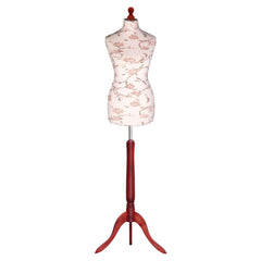 Display Guru Female Uk Size 12/14 Dressmakers Tailors Dummy Mannequin, Brown Flower on Cream Torso Bust With Red Wood Tripod Stand