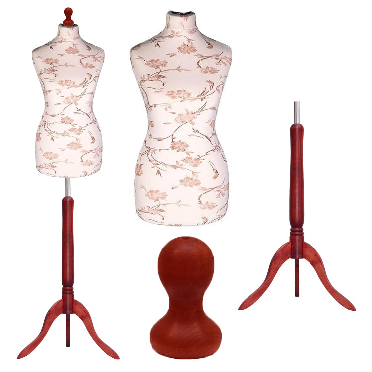 Display Guru Female Uk Size 12/14 Dressmakers Tailors Dummy Mannequin, Brown Flower on Cream Torso Bust With Red Wood Tripod Stand