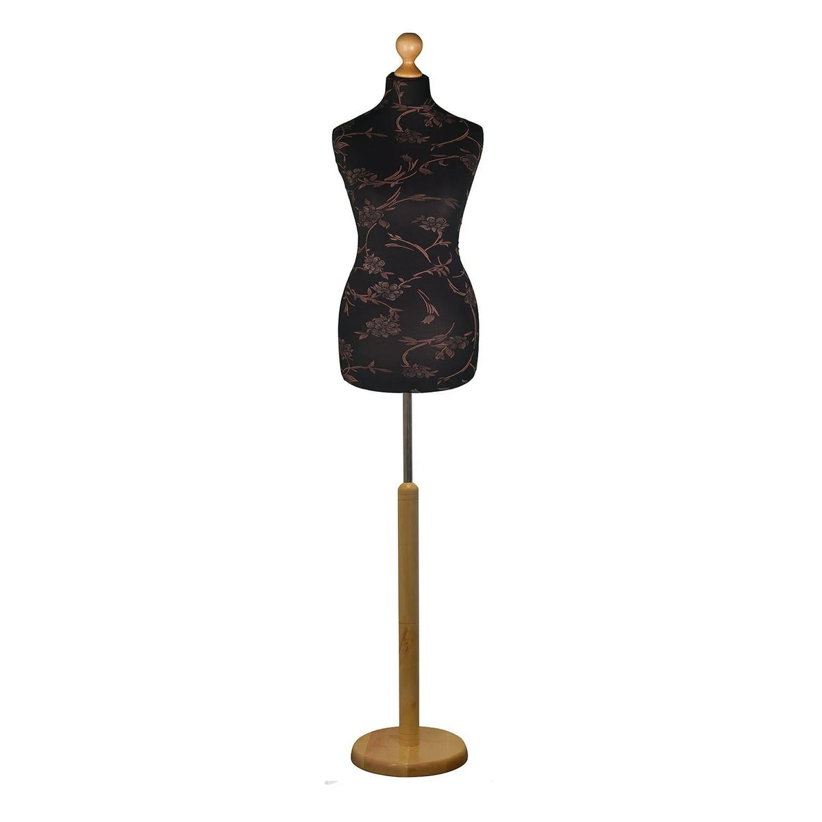 Display Guru Female Uk Size 16/18 Dressmakers Tailors Dummy Mannequin , Brown Flower on Black Torso Bust with Light  Wood Round Base