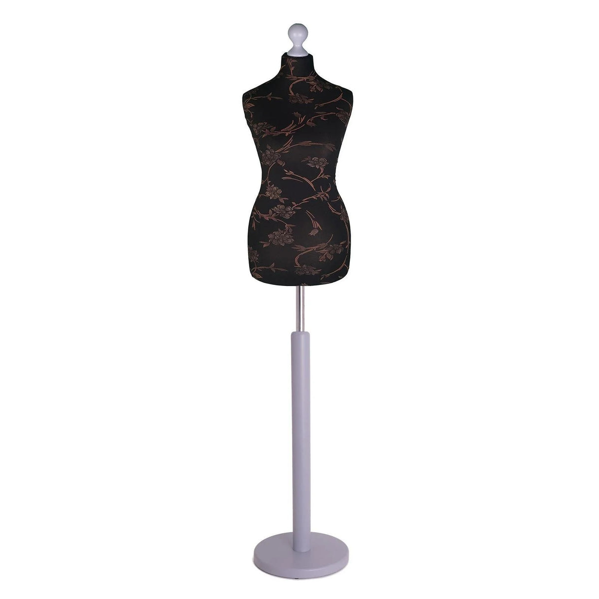 Display Guru Female Uk Size 12/14 Dressmakers Tailors Dummy Mannequin , Brown Flower on Black Torso Bust with Silver Wood Round Base