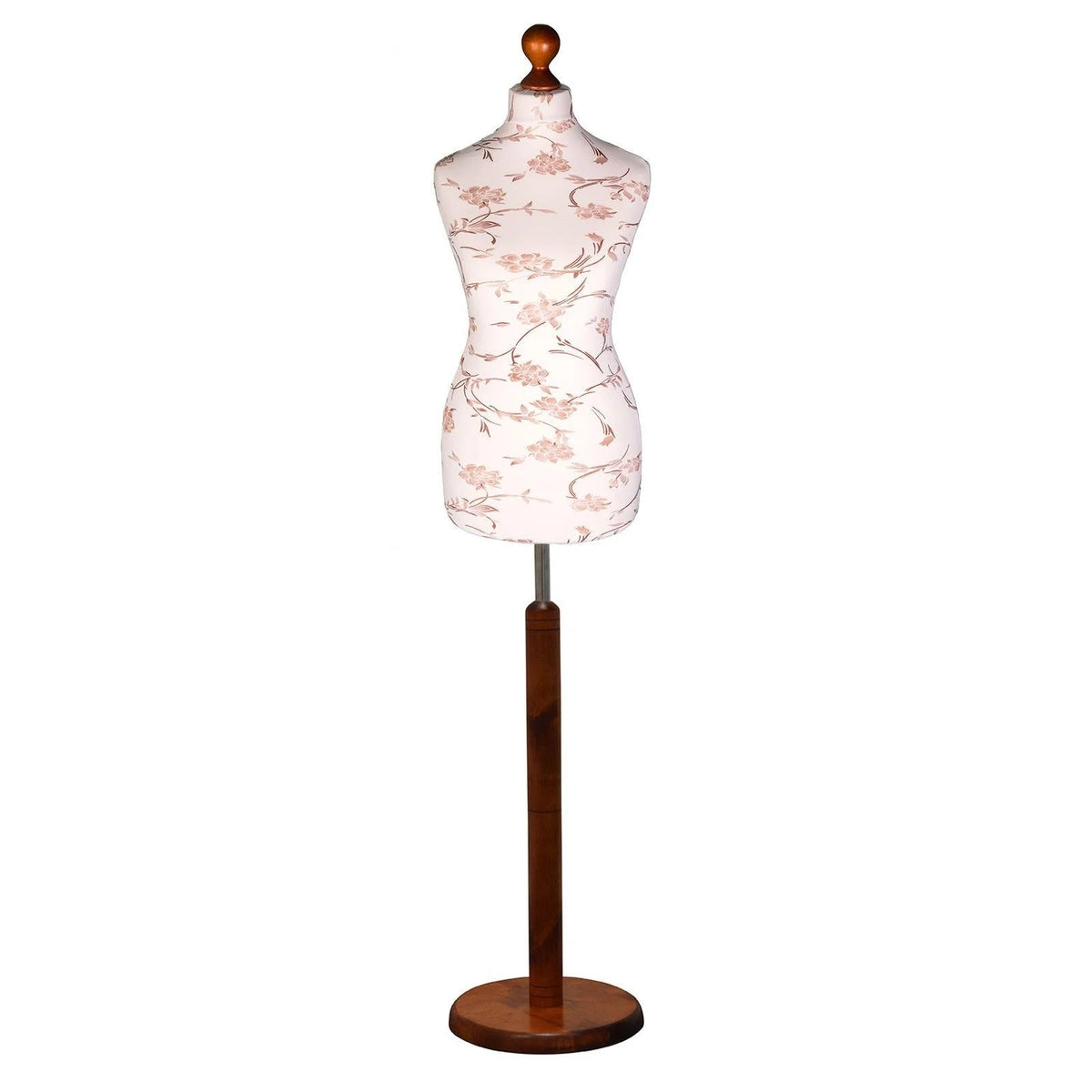 Display Guru Female Uk Size 8/10 Dressmakers Tailors Dummy Mannequin , Brown flower on Cream  Torso Bust with Dark Wood Round Base