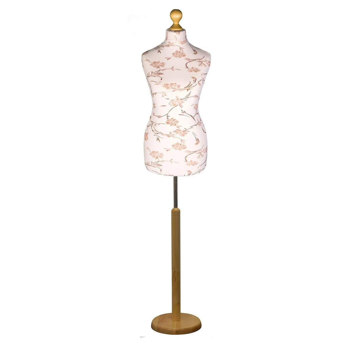 Display Guru Female Uk Size 18/20 Dressmakers Tailors Dummy Mannequin Brown Flower on Cream Torso Bust with Light Wood Round Base