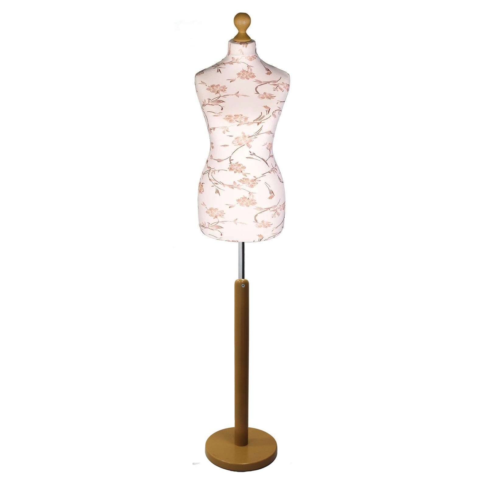 Brown flower on cream Tailors Dummy with a Light Wood Round Stand and Thistle.