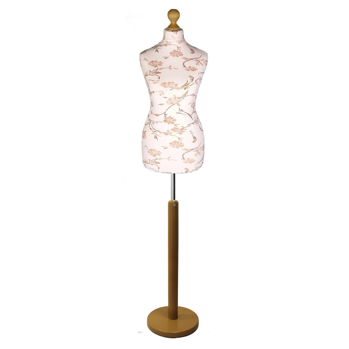 Brown flower on cream Tailors Dummy with a Light Wood Round Stand and Thistle.