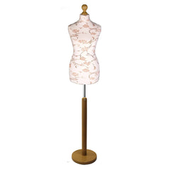 Brown flower on cream Tailors Dummy with a Light Wood Round Stand and Thistle.