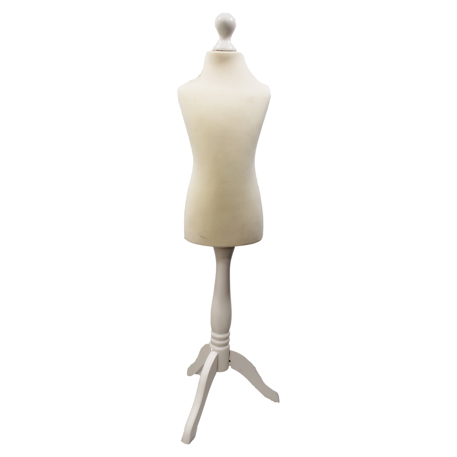 Children Kids Age 6-8 Tailors Dummy Mannequin, Cream Torso Bust with a White Wood Tripod Stand for dressmaking and display.
