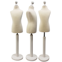 Children Kids Age 6-8 Years Tailors Dummy Mannequin, Cream Torso Bust with a White Wood Round Base