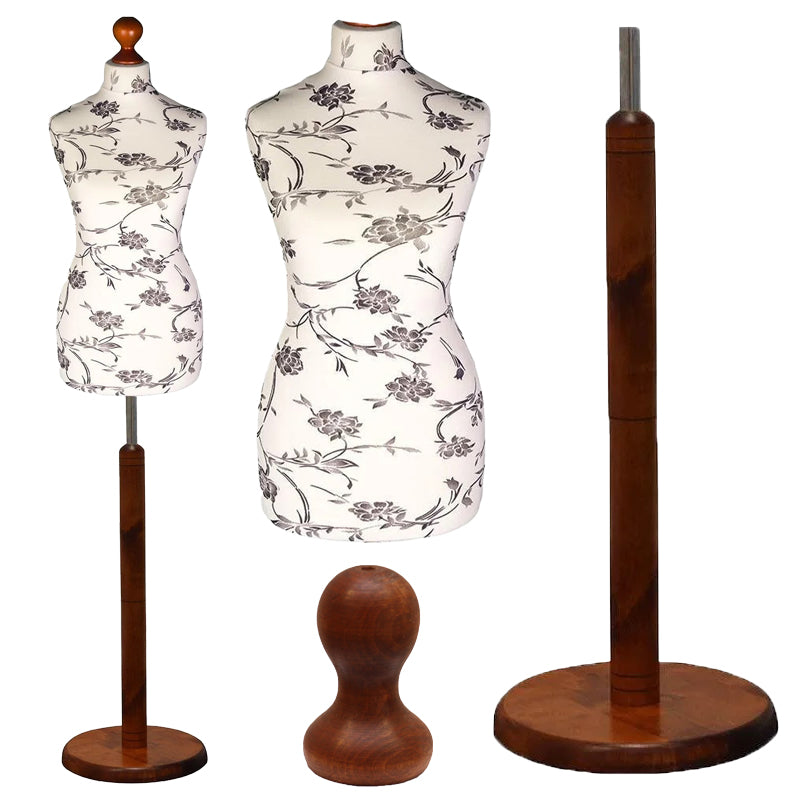 Display Guru Female Uk Size 12/14 Dressmakers Tailors Dummy Mannequin , Black Flower on Cream Torso Bust with Dark Wood Round Base
