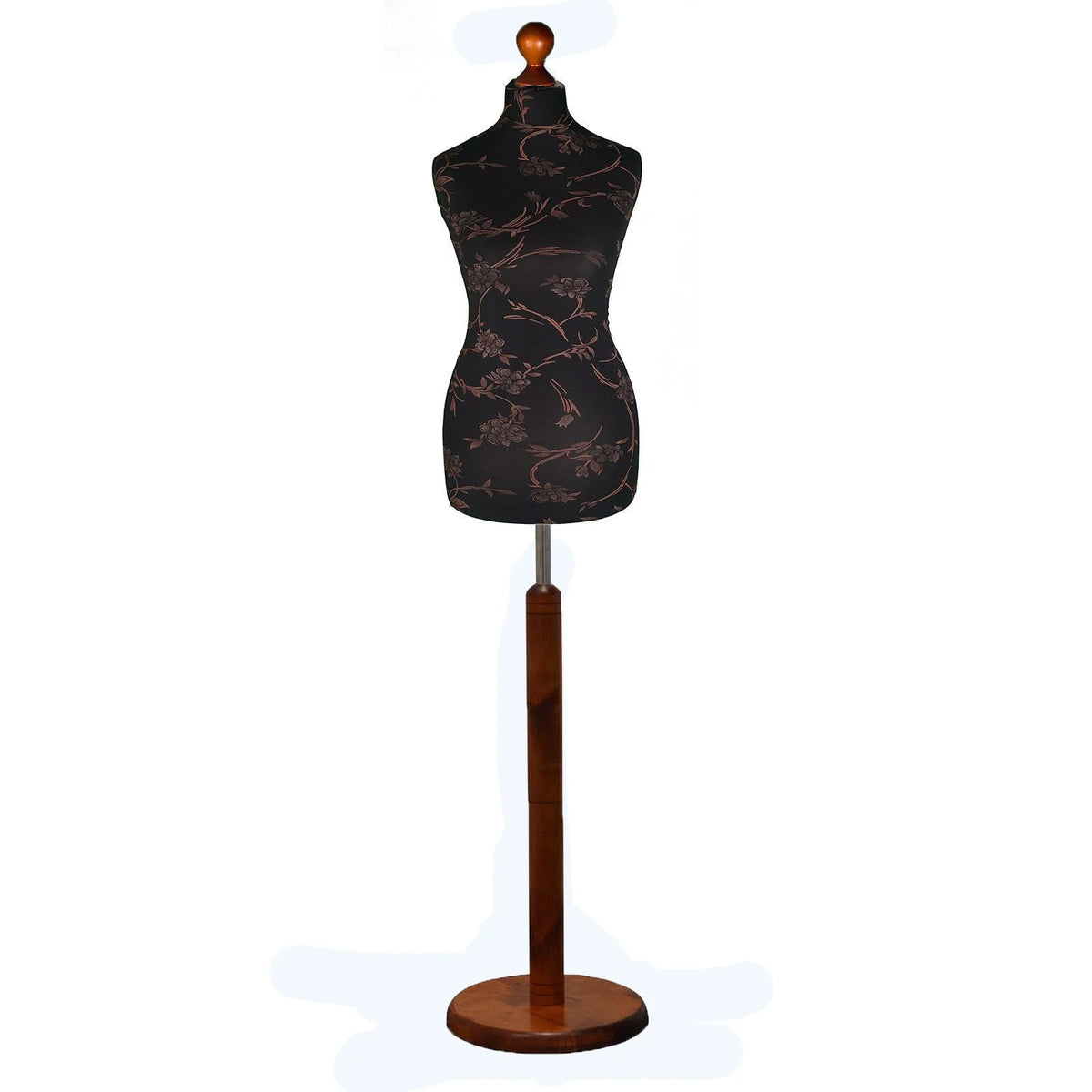 Display Guru Female Uk Size 10/12 Dressmakers Tailors Dummy Mannequin , Brown Flower on Black Torso Bust with Dark Wood Round Base