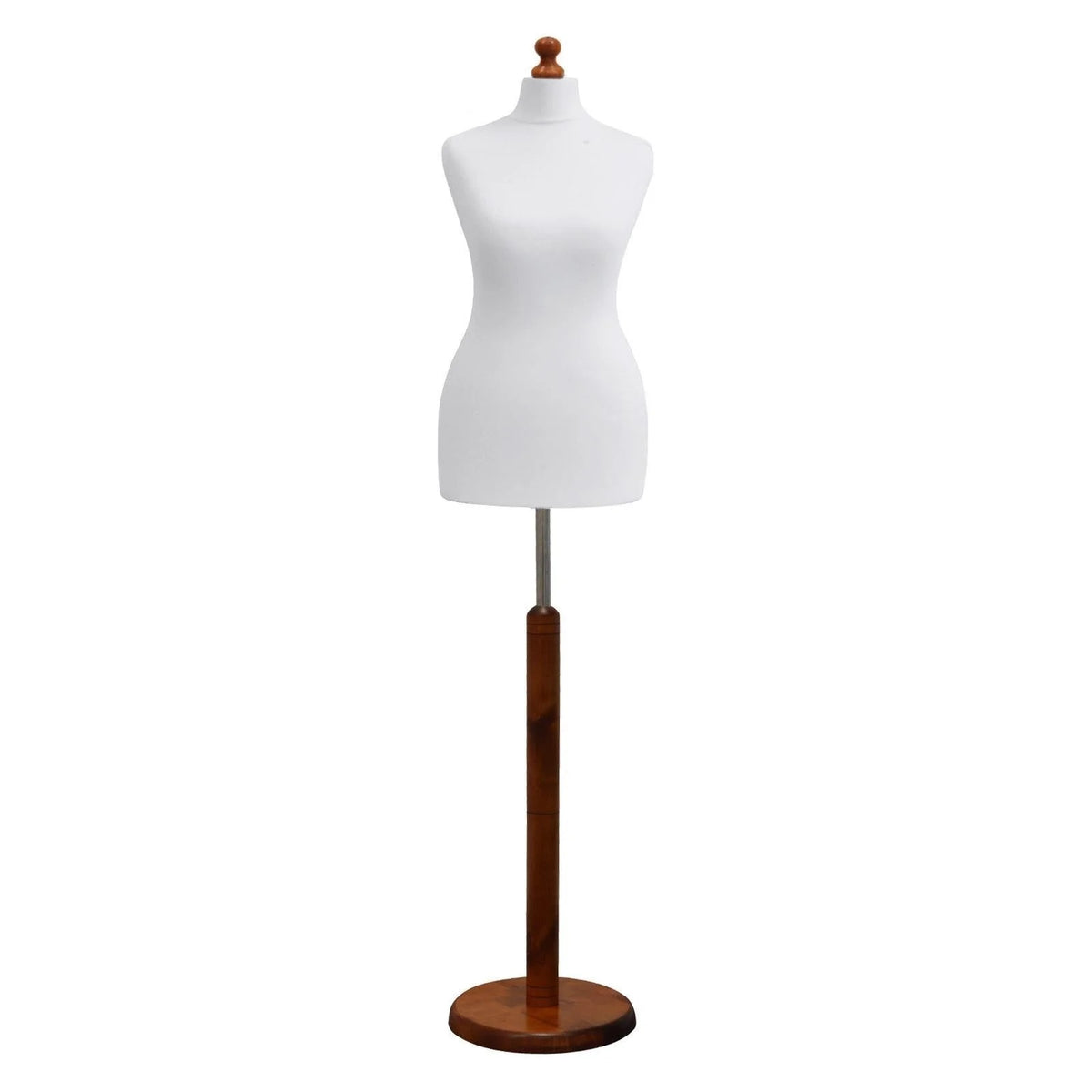 Display Guru Female Uk Size 6/8 Dressmakers Tailors Dummy Mannequin , White Torso Bust  with Dark Wood Round Base