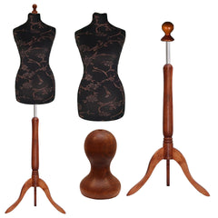 Display Guru Female Uk Size 12/14 Dressmakers Tailors Dummy Mannequin, Brown Flower on Black Torso Bust With Dark Wood Tripod Stand