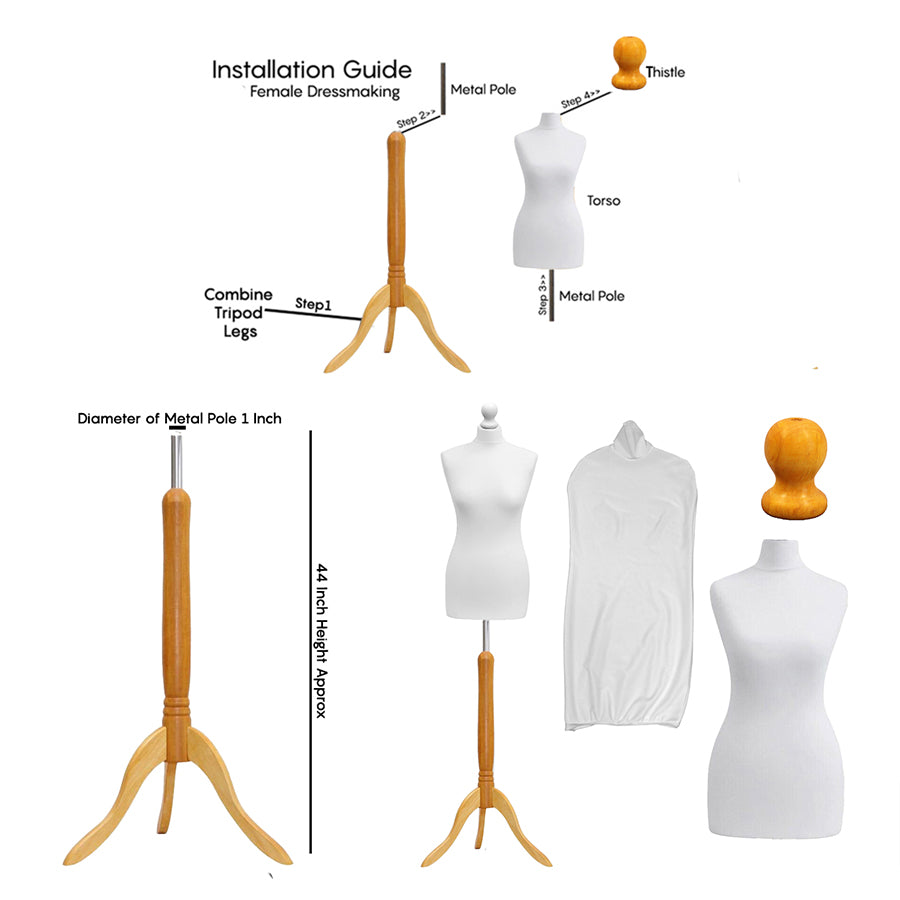 Display Guru Female Uk Size 10/12 Dressmakers Tailors Dummy Mannequin, White Torso Bust With Lightwood Tripod Stand