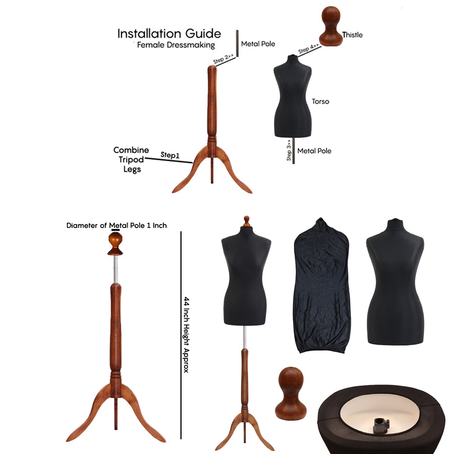 Display Guru Female Uk Size 12/14 Dressmakers Tailors Dummy Mannequin, Black Torso Bust With Dark Wood Tripod Stand