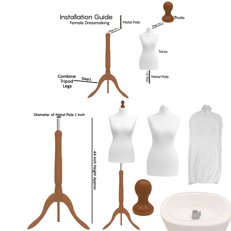 Display Guru Uk Size 8/10 Female Dressmakers Tailors Dummy Mannequin, White Torso Bust With GoldWood Tripod Stand
