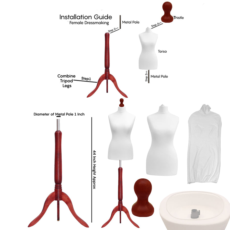 Display Guru Female Uk Size 12/14 Dressmakers Tailors Dummy Mannequin, white Torso Bust With Red Wood Tripod Stand
