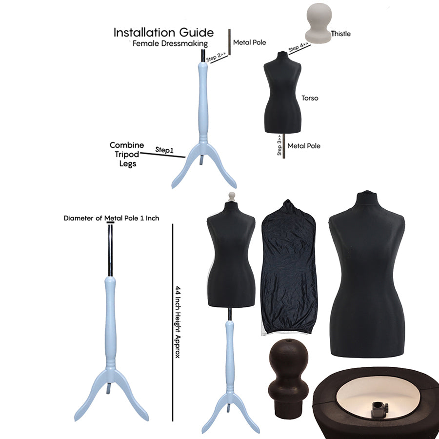 Display Guru Uk Size 8/10 Female Dressmakers Tailors Dummy Mannequin, Black Torso Bust With SilverWood Tripod Stand