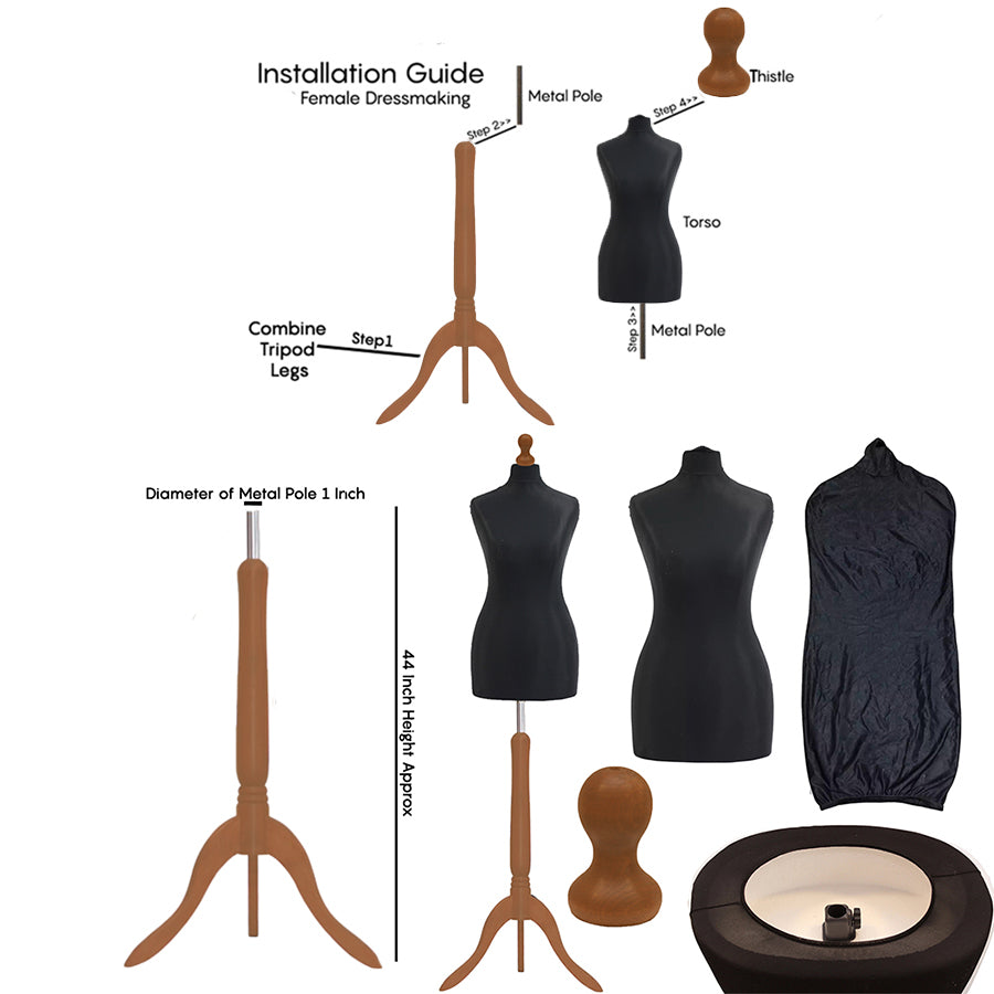 Display Guru Female Uk Size 10/12  Dressmakers Tailors Dummy Mannequin, Black Torso Bust With Gold wood Tripod Stand