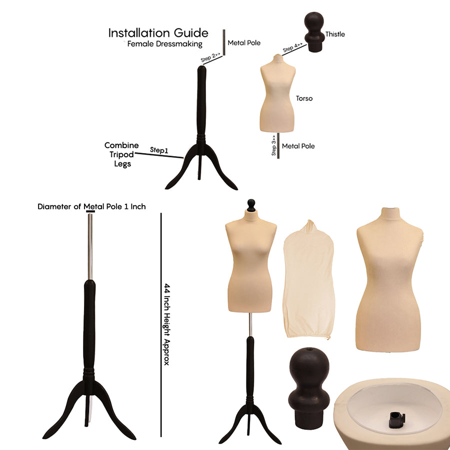 Display Guru Female Uk Size 8/10 Dressmakers Tailors Dummy Mannequin, Cream Torso Bust With BlackWood Tripod Stand