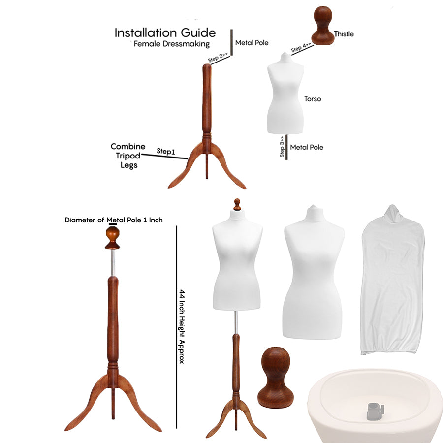 Display Guru Female Uk Size 16/18 Dressmakers Tailors Dummy Mannequin, White Torso Bust With Dark Wood Tripod Stand