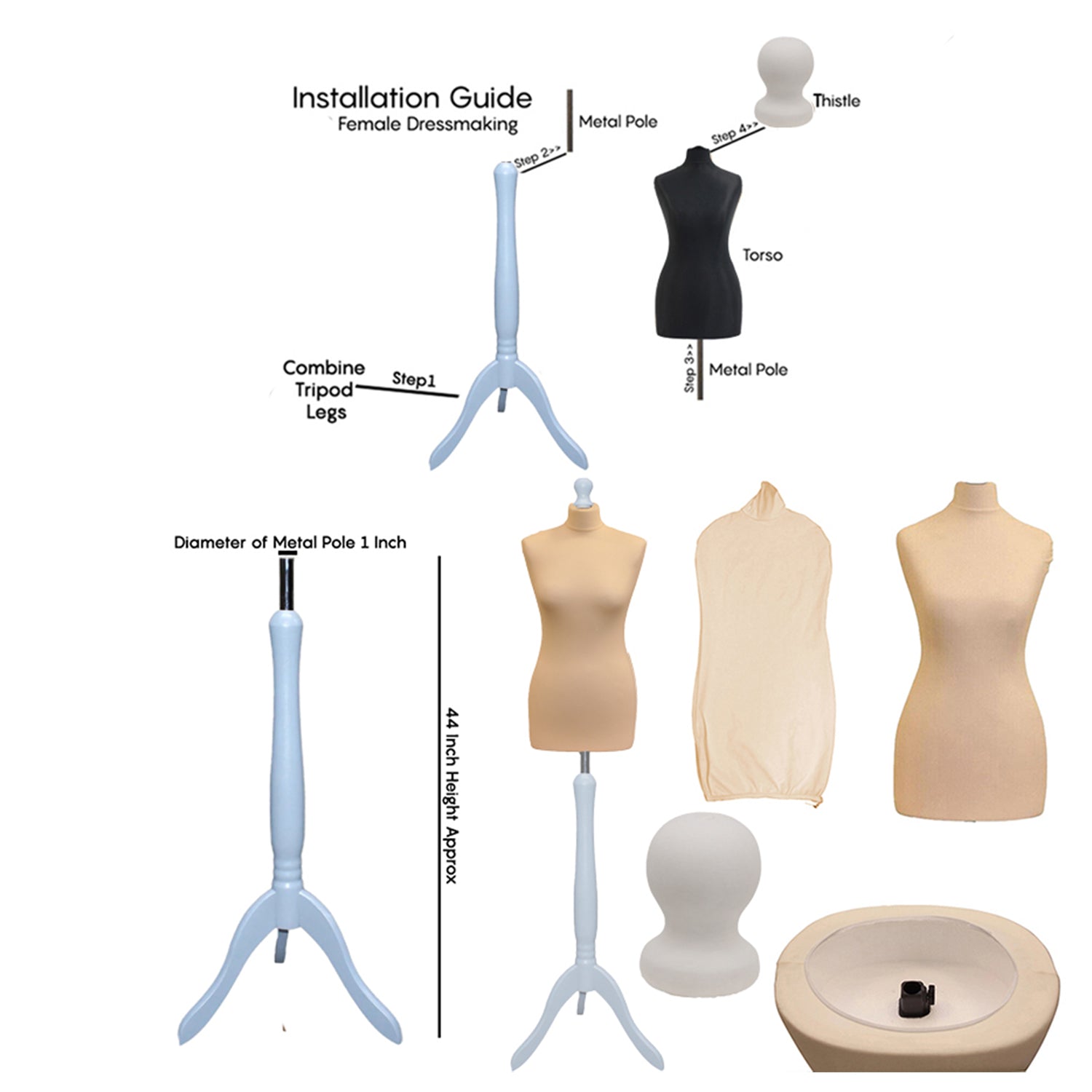 Display Guru Female Uk Size 12/14 Dressmakers Tailors Dummy Mannequin, Cream Torso Bust With Silver Wood Tripod Stand