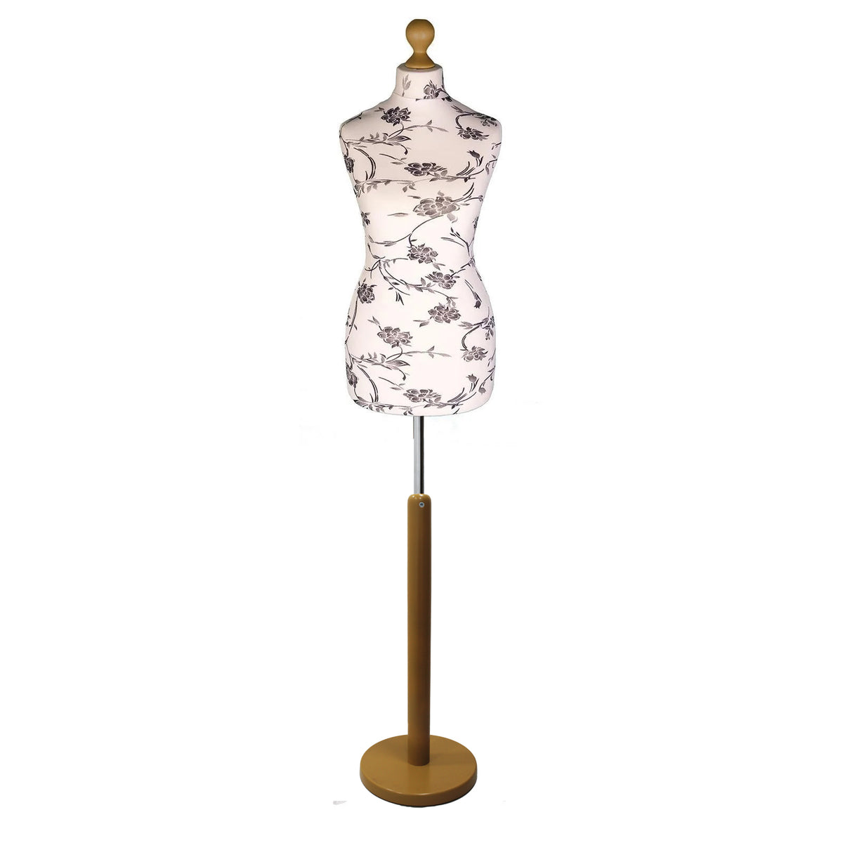 Black flower on cream Tailors Dummy with a Light Wood Round Stand and Thistle.