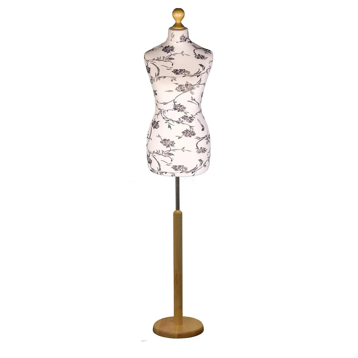 Display Guru Female Uk Size 10/12 Dressmakers Tailors Dummy Mannequin , Black Flower on cream Torso Bust with Light Wood Round Base