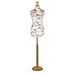 Display Guru Female Uk Size 10/12 Dressmakers Tailors Dummy Mannequin , Black Flower on cream Torso Bust with Light Wood Round Base