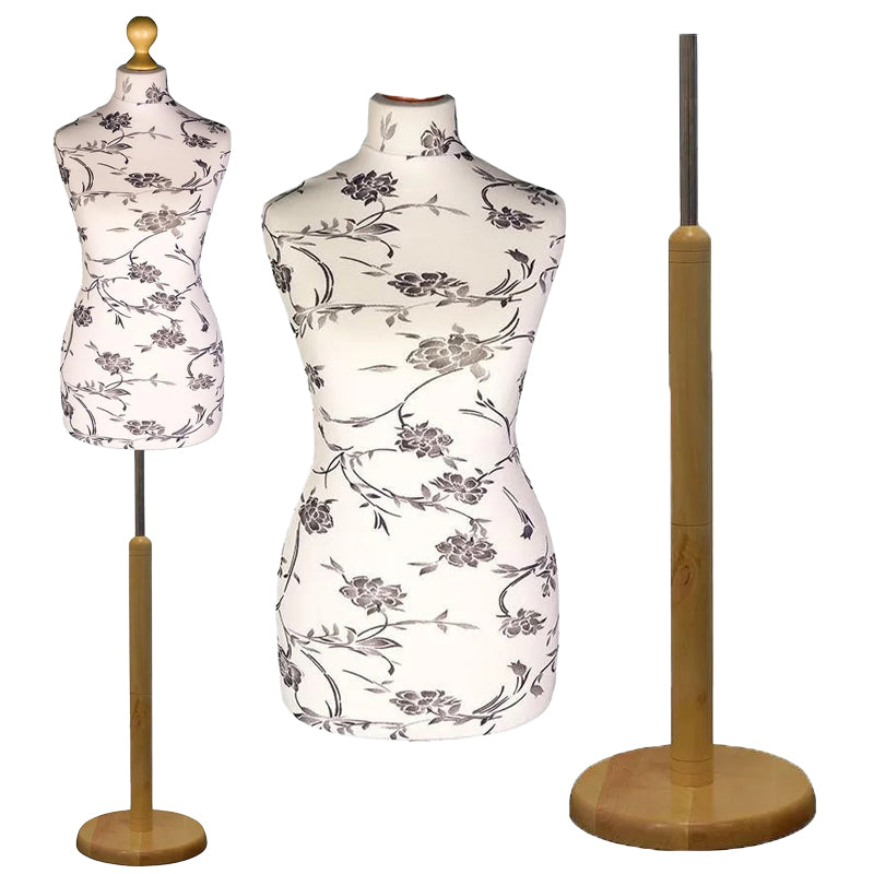 Display Guru Female Uk Size 10/12 Dressmakers Tailors Dummy Mannequin , Black Flower on cream Torso Bust with Light Wood Round Base