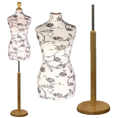 Display Guru Female Uk Size 10/12 Dressmakers Tailors Dummy Mannequin , Black Flower on cream Torso Bust with Light Wood Round Base