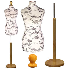 Display Guru Female Uk Size 10/12 Dressmakers Tailors Dummy Mannequin , Black Flower on cream Torso Bust with Light Wood Round Base