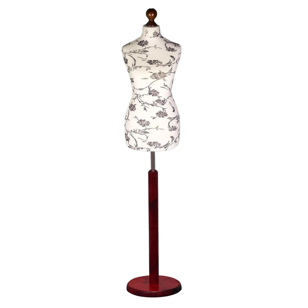 Display Guru Female Uk Size 12/14 Dressmakers Tailors Dummy Mannequin , Black Flower on Cream Torso Bust with Red Wood Round Base