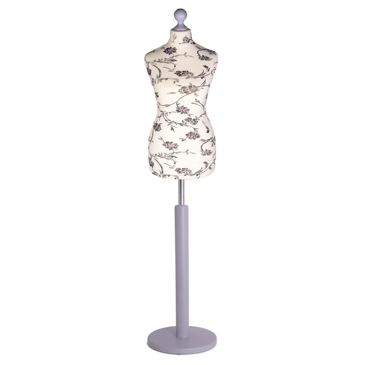 Display Guru Female Uk Size 10/12 Dressmakers Tailors Dummy Mannequin , Black Flower on cream Torso Bust with Silver Wood Round Base