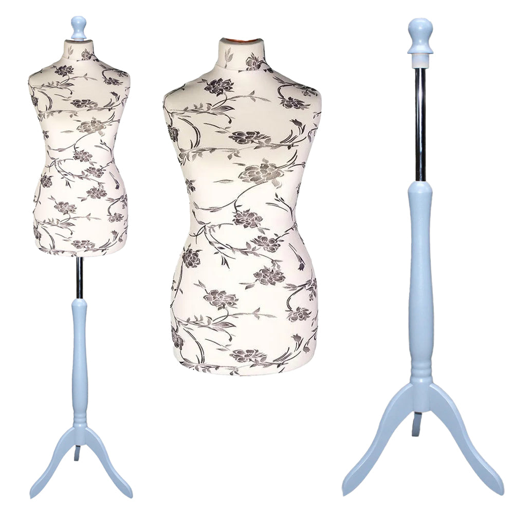 Display Guru Female Uk Size 10/12  Dressmakers Tailors Dummy Mannequin, Black Flower on Cream Torso Bust With Silver wood Tripod Stand