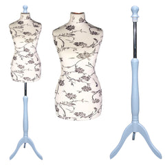 Display Guru Female Uk Size 10/12  Dressmakers Tailors Dummy Mannequin, Black Flower on Cream Torso Bust With Silver wood Tripod Stand