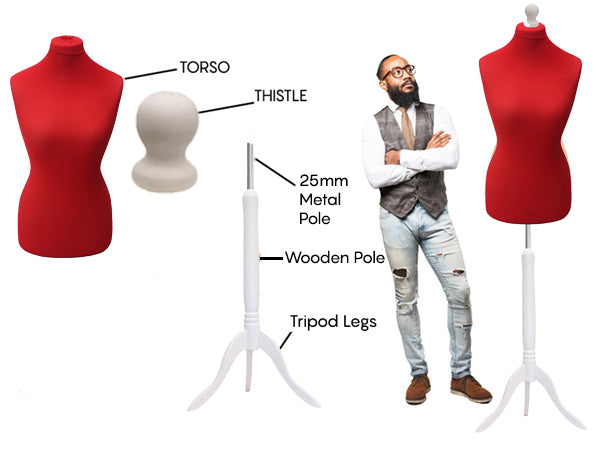 Display Guru Female Uk Size 10/12  Dressmakers Tailors Dummy Mannequin, Red Torso Bust With white wood Tripod Stand