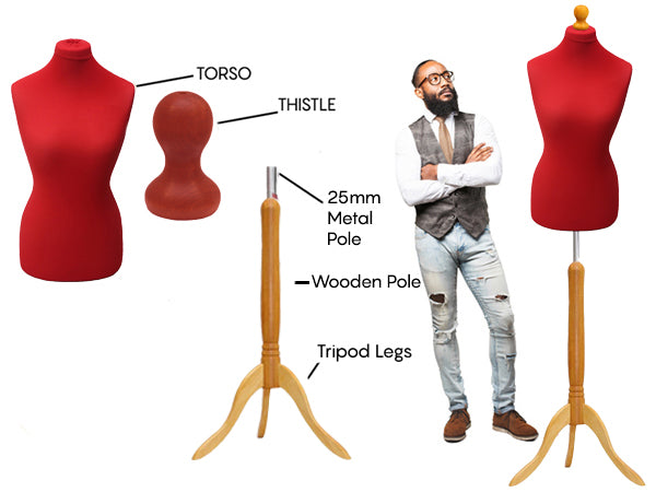 Display Guru Female Uk Size 12/14 Dressmakers Tailors Dummy Mannequin, Red Torso Bust With Light Wood Tripod Stand