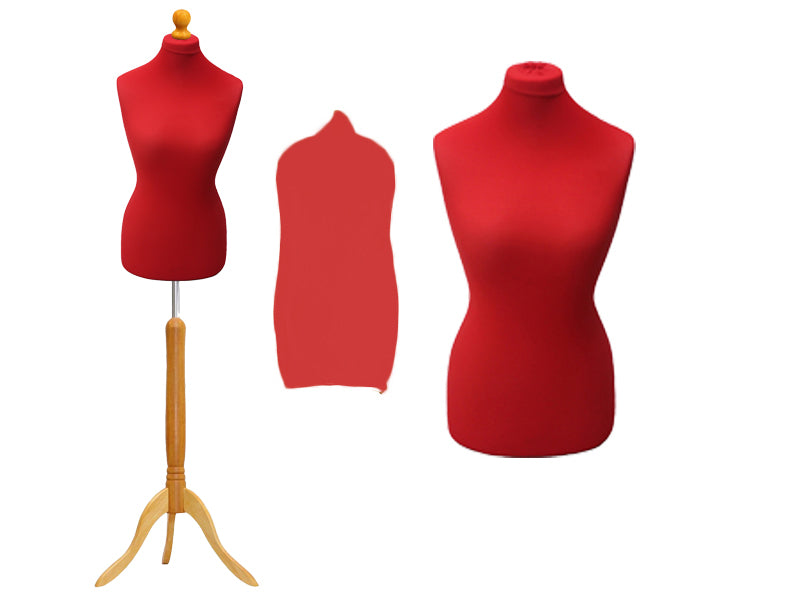 Display Guru Uk Size 8/10 Female Dressmakers Tailors Dummy Mannequin, Red Torso Bust With Light Wood Tripod Stand