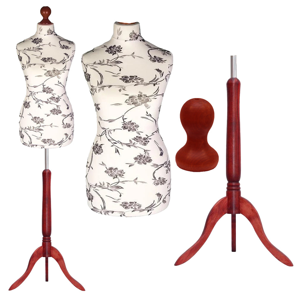 Display Guru Female Uk Size 16/18 Dressmakers Tailors Dummy Mannequin, Black Flower on cream Torso Bust With Red Wood Tripod Stand