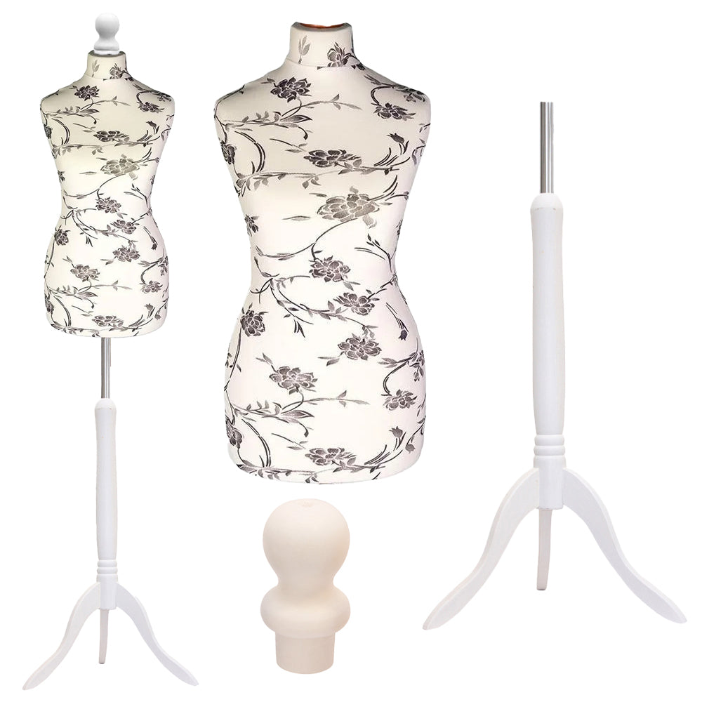 Display Guru Female Uk Size 18/20 Dressmakers Tailors Dummy Mannequin, Black Flower on Cream Torso Bust With White Wood Tripod Stand