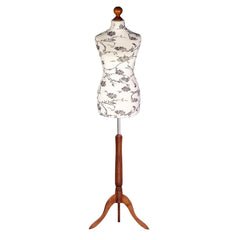 Display Guru Female Uk Size 18/20 Dressmakers Tailors Dummy Mannequin, Black Flower on Cream Torso Bust With Dark Wood Tripod Stand