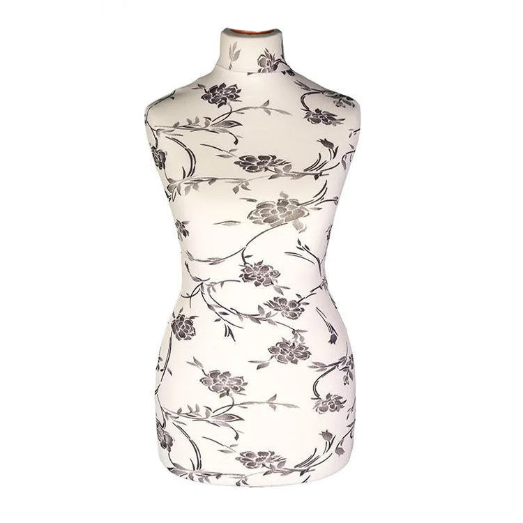 Display Guru Female Tailor Dummy Mannequin Torso uk Size 6/8 Black Flower on Cream.