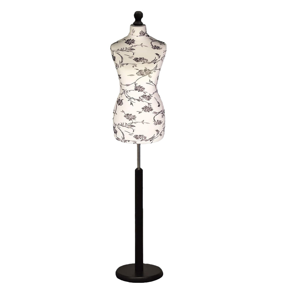 Display Guru Female Uk Size 8/10 Dressmakers Tailors Dummy Mannequin , Black flower on Cream Torso Bust with Black Wood Round Base