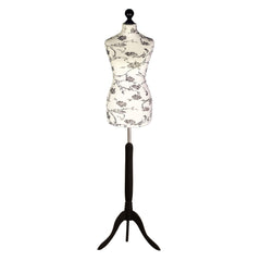 Display Guru Female Uk Size 16/18 Dressmakers Tailors Dummy Mannequin, Black Flower on cream Torso Bust With Black Wood Tripod Stand