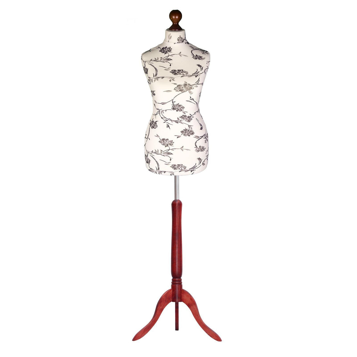 Display Guru Female Uk Size 16/18 Dressmakers Tailors Dummy Mannequin, Black Flower on cream Torso Bust With Red Wood Tripod Stand