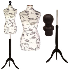 Display Guru Female Uk Size 16/18 Dressmakers Tailors Dummy Mannequin, Black Flower on cream Torso Bust With Black Wood Tripod Stand